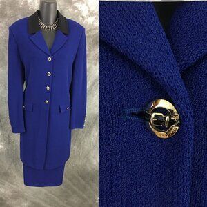BEAUTIFUL st john collection knit blue black jacket skirt suit 10 12
